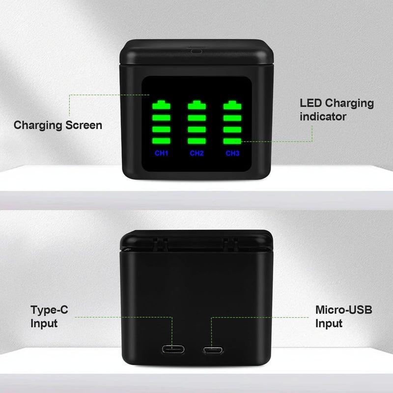 Fancy Buying أطقم شاحن بطاريات لجهاز GoPro Hero 12 11 10 9 بلاك، 3-pack بطاريات بديلة بسعة 2000 مللي أمبير + علبة شحن ثلاثية مع كابل شحن Type-C لملحقات بطاريات Go Pro 12 11 10 9 الرسمية - Image 3